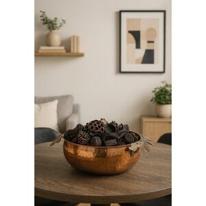 Hammered Copper Bowl Leaf Handles Decorative Centerpiece Table Decor‎